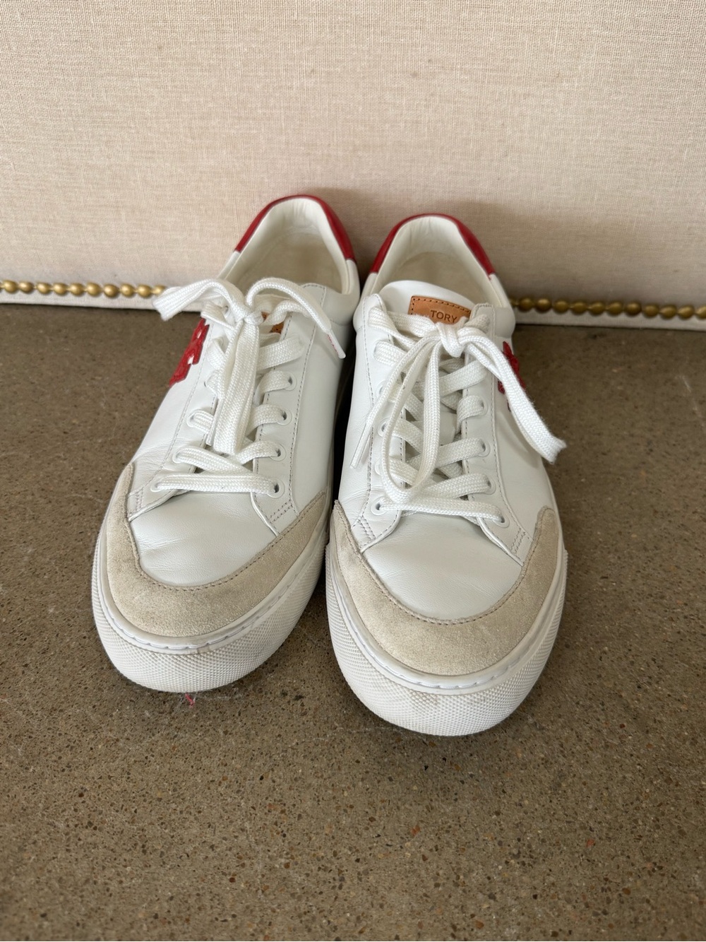 Tory Burch White Leather & Suede Sneakers with Red Heel and Logo
